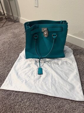 Michael Kors Teal Structured Leather Tote with Lock Detail